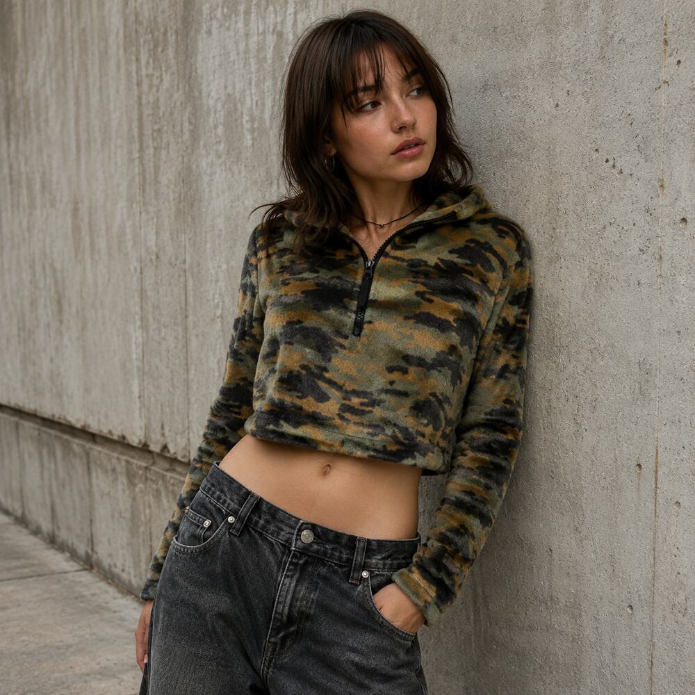 Y2K Urban Outfitters Camo Fuzzy Crop Pullover Womens Jacket Sz S Grunge Indie